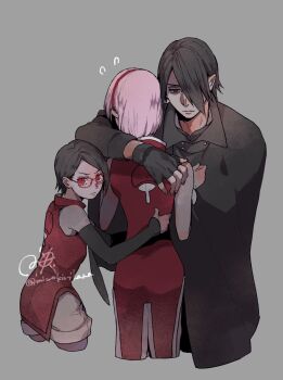 1boy 2girls arm_around_another's_back arm_around_shoulder bare_shoulders black_cloak black_gloves black_hair black_sleeves boruto:_naruto_next_generations boruto_(series) cloak couple cropped_legs detached_sleeves dress family fingerless_gloves flying_sweatdrops furrowed_brow glasses gloves grey_background grey_shorts hair_over_one_eye hairband haruno_sakura hetero highres husband_and_wife looking_at_viewer miwokirihana mother_and_child multiple_girls naruto_(series) parent_and_child pink_hair protecting red-framed_eyewear red_dress red_eyes red_hairband short_hair shorts sleeveless sleeveless_dress twitter_username uchiha_sarada uchiha_sasuke