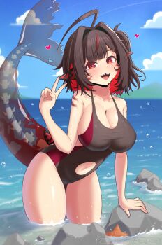 1girl black_hair black_one-piece_swimsuit blue_sky breasts cleavage clothing_cutout cloud colored_inner_hair fins fish_skeleton fish_tail highres indie_virtual_youtuber large_breasts looking_at_viewer mischiefmiz miya_mareena multicolored_hair navel one-piece_swimsuit open_mouth outdoors red_hair see-through_tail shark_girl shark_tail sharp_teeth short_hair sky solo stomach_cutout streaked_hair swimsuit tail teeth v virtual_youtuber water