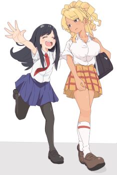 2girls 4uys :d bag black_hair black_pantyhose black_shoes blonde_hair blush_stickers braid breasts brown_eyes brown_shoes cleavage closed_eyes collarbone collared_shirt commentary_request dark-skinned_female dark_skin food_court_de_mata_ashita full_body highres imminent_hug kneehighs large_breasts light_smile loafers long_hair looking_at_another miniskirt multiple_girls necktie open_mouth pantyhose parted_bangs red_necktie school_bag school_uniform shirt shoes short_sleeves sidelocks simple_background skirt smile socks standing standing_on_one_leg straight_hair swept_bangs teeth two-tone_background upper_teeth_only wada_(food_court) white_background white_shirt white_socks yamamoto_(food_court)