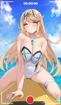 1girl bare_shoulders blonde_hair blue_sky blush breasts chest_jewel cleavage competition_swimsuit core_crystal_(xenoblade) highleg highleg_one-piece_swimsuit highres large_breasts long_hair matrix16 mythra_(radiant_beach)_(xenoblade) mythra_(xenoblade) ocean one-piece_swimsuit outdoors sky solo strapless strapless_one-piece_swimsuit swimsuit tiara user_interface vinyl_record white_one-piece_swimsuit xenoblade_chronicles_(series) xenoblade_chronicles_2