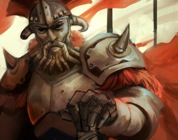 Rule 34 | 1boy, armor, caesar's legion, cape, commentary, corvux, english commentary, fake beard, fake facial hair, fake horns, fallout, fallout: new vegas, helmet, holding, horned helmet, horns, legate lanius, male focus, mask, pauldrons, planted, planted sword, planted weapon, plume, red cape, shoulder armor, solo, spikes, sword, upper body, weapon