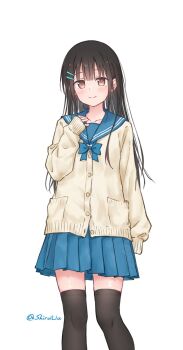 1girl black_hair black_thighhighs blue_bow blue_bowtie blue_sailor_collar blue_skirt blush bow bowtie brown_eyes cardigan closed_mouth collarbone commentary_request hair_ornament hairclip highres kutatsu_(kutatsu7) long_hair long_sleeves looking_at_viewer mole mole_under_eye original pleated_skirt sailor_collar school_uniform simple_background skirt smile solo thighhighs white_background white_cardigan yuki_(kutatsu) zettai_ryouiki