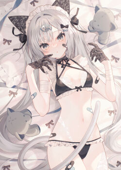 1girl :o absurdres animal_ears bandaid bandaid_on_cheek bandaid_on_face bed_sheet black_bra black_gloves black_panties blush bow bow_bra bra breasts cat_ears collarbone commentary_request crossed_bandaids fish_skeleton_hair_ornament frilled_bra frilled_panties frilled_pillow frills gloves grey_eyes grey_hair hair_intakes hair_ornament hands_up highres lace lace_gloves long_hair looking_at_viewer lying maid_headdress minasenagi navel on_back original panties parted_lips pillow small_breasts solo stuffed_animal stuffed_toy teddy_bear two_side_up underwear underwear_only very_long_hair