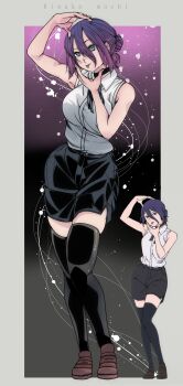 1girl black_background black_ribbon black_shorts black_thighhighs blush breasts brown_shoes chainsaw_man choker comparison gradient_background green_eyes hair_bun hand_on_own_head kinakomochi_(user_vedc2333) large_breasts looking_at_viewer neck_ribbon purple_background purple_hair reference_inset reze_(chainsaw_man) ribbon shirt shoes short_hair shorts sidelocks sleeveless sleeveless_shirt smile standing thighhighs tongue tongue_out two-tone_background white_shirt