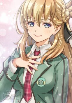 1girl absurdres agnes_claudel aramis_high_school_uniform blonde_hair blue_eyes braid breasts bun_with_braided_base double-parted_bangs dress_shirt eiyuu_densetsu hair_between_eyes hair_bun highres jacket kuro_no_kiseki_(series) kuro_no_kiseki_i large_breasts long_hair necktie pink_background plaid_clothes plaid_necktie red_necktie school_uniform shirt signature simple_background single_hair_bun single_side_bun smile solo sorama_ayari upper_body watermark