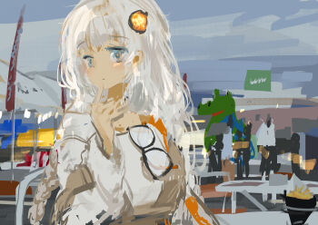 1girl a.i._voice blue_eyes blue_sky braid brown_skirt canopy_(shelter) commentary_request crocodile crocodilian eyewear_hang finger_to_own_chin hair_ornament highres kabuyama_kaigi kizuna_akari kizuna_akari_(a.i._voice) long_hair long_sleeves looking_to_the_side low_twin_braids mascot outdoors people picnic_table skirt sky solo_focus statue suspender_skirt suspenders suspenders_slip sweater table twin_braids unworn_eyewear upper_body voiceroid white_hair white_sweater