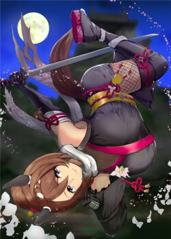 Rule 34 | 1girl, animal ears, black gloves, black thighhighs, blue eyes, blurry, blurry background, breasts, brown hair, commentary request, ear covers, elbow gloves, gloves, hair between eyes, highres, holding, holding sword, holding weapon, horse ears, horse girl, japanese clothes, katana, kimono, large breasts, looking at viewer, multicolored hair, ninja, official alternate costume, official alternate hairstyle, piett, scarf, sleeveless, sleeveless kimono, solo, streaked hair, super creek (flowery shadow amongst the gentle rain) (umamusume), super creek (umamusume), sword, thighhighs, umamusume, weapon, white hair, white scarf