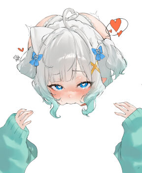 Rule 34 | 2girls, absurdres, ahoge, alternate costume, aqua hair, aqua sweater, ass, blue bow, blue eyes, blush, bow, commentary, cunnilingus, english commentary, fang, fellatio, female pov, frilled panties, frills, ghost girl, gradient hair, hair bow, hair ornament, hand on another's thigh, heart, heart-shaped pupils, heart ahoge, hetero, highres, implied cunnilingus, indie virtual youtuber, looking at viewer, meme, mila (milaart12), mint fantome, mint fantome (minto 2.0), multicolored hair, multiple girls, negative space, negative space cunnilingus (meme), oral, panties, pointy ears, pov, simple background, skin fang, sleeves past wrists, speech bubble, spoken heart, sweater, symbol-shaped pupils, triangular headpiece, twitching, underwear, virtual youtuber, white background, white panties, x hair ornament, yuri