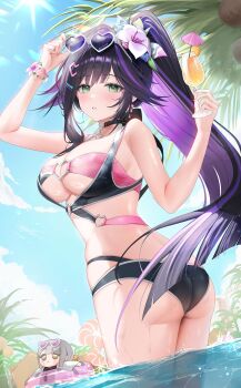 1girl abigail_(black_survival) absurdres adjusting_eyewear arm_up ass back bare_shoulders bikini black_bikini black_choker black_hair black_survival blue_sky blunt_ends blush breasts building character_doll choker cleavage cloud cocktail_glass coconut_tree collarbone colored_inner_hair commentary_request cup day doll dr._nadja drinking_glass eternal_return:_black_survival eyewear_on_head flower food from_behind from_side fruit glint green_eyes hair_flower hair_ornament hamo_(miyo_rmo2) hand_up heart heart-shaped_eyewear heart_choker heart_hair_ornament heart_o-ring highres holding holding_cup juice korean_commentary large_breasts layered_bikini lens_flare light_particles long_hair looking_at_viewer multicolored_hair o-ring official_alternate_costume orange_(fruit) orange_slice outdoors palm_tree parted_lips pink_bikini pink_flower ponytail purple_flower purple_hair purple_streaks sky solo standing streaked_hair sunlight swept_bangs swim_ring swimsuit thighs tree turning_head underboob very_long_hair wading water wet wrist_flower