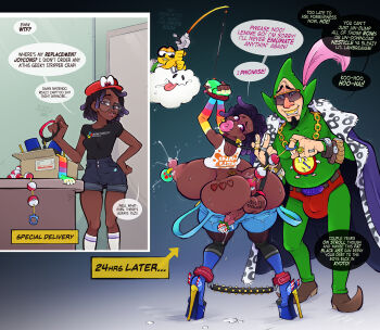 1boy 1futa 1girl anal anal_beads anal_object_insertion arms_up ass ass_expansion ass_tattoo bdsm before_and_after bimbofication black_shirt blue_falcon blue_footwear blue_shorts body_modification bodysuit bondage bound box breast_expansion breasts brown_eyes cappy_(mario) cardboard_box chain chain_necklace clock_necklace coat coat_on_shoulders commentary crossover dark-skinned_female dark_skin debt dialogue_box dreadlocks earrings elbow_gloves english_commentary english_text erection f-zero facial_hair fingerless_gloves futanari gigantic_breasts glasses gloves goatee green_bodysuit grin hat heart heart_tattoo high_heels highres huge_ass instant_loss jewelry lakitu lakitu&#039;s_cloud leash male_underwear mario_(series) metroid metroid_(creature) metroid_larva multiple_views necklace nintendo nipple_piercing nipples object_insertion original penis piercing pimp pink_eyes pink_lips piranha_plant platform_footwear platform_heels poke_ball poke_ball_insertion pokemon rainbow_gloves red_hat red_male_underwear restrained ring sex_toy shirt short_shorts short_sleeves shorts smile sparrow_(jj2oxx) speech_bubble splatoon_(series) spreader_bar standing suspender_shorts suspenders suspenders_pull tattoo testicles the_legend_of_zelda thick_lips tingle tinted_eyewear triforce underwear urethral_insertion very_dark_skin watch wristwatch