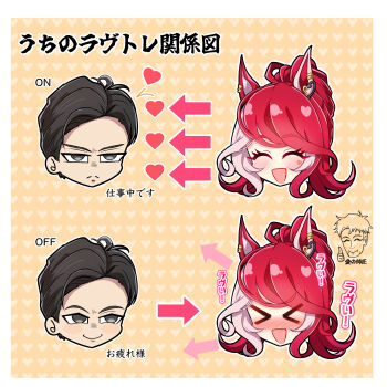 >_< 1girl 2boys a_passing_phantom absurdres animal_ears arrow_(symbol) black_hair chart closed_eyes commentary_request frown hair_ornament heart highres horse_ears loves_only_you_(umamusume) multiple_boys portrait red_hair serious simple_background smile thumbs_up translation_request umamusume