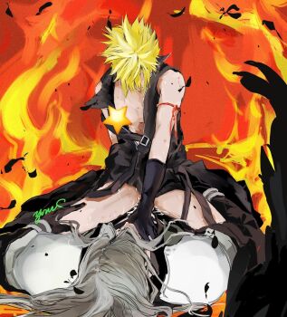 17_ffviisc 2boys anal arm_ribbon armor belt bite_mark bite_mark_on_shoulder bite_mark_on_thigh black_feathers black_gloves black_wings blonde_hair censored censored_nipples cloud_strife cum cum_on_male emoji emoji_censor falling_feathers feathers final_fantasy final_fantasy_vii final_fantasy_vii:_advent_children fire gloves grey_hair hand_on_another's_chest hand_on_another's_thigh highres long_hair looking_down male_focus male_penetrated multiple_boys no_pants partially_unzipped pauldrons ribbon sephiroth sex short_hair shoulder_armor single_wing straddling sweat tears waist_cape wings yaoi