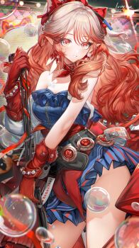 Rule 34 | 1girl, absurdres, arknights, artist name, bare shoulders, blue dress, blush, bow, breasts, bubble, chinese commentary, collarbone, commentary request, dated, dress, earrings, frilled dress, frills, glint, gloves, gradient hair, groin, hair between eyes, hair bow, hand up, haruka (arknights), highres, holding, holding microphone, id card, irvinetope, jewelry, long hair, looking at viewer, medium breasts, microphone, microphone stand, multicolored hair, neck ribbon, no panties, off-shoulder dress, off shoulder, orange hair, parted lips, pink hair, pointy ears, red bow, red eyes, red gloves, red ribbon, ribbon, screen, sleeveless, sleeveless dress, smile, solo, stage, standing, thighs, very long hair