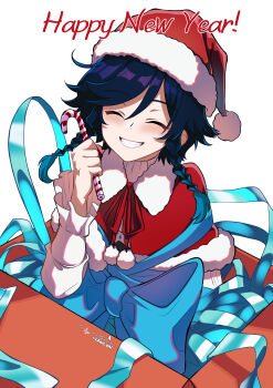 1boy absurdres alternate_costume androgynous artist_name ascot black_hair blue_bow blue_hair blush bow box braid buttons candy candy_cane capelet closed_eyes commentary english_commentary english_text food frills fur-trimmed_capelet fur-trimmed_headwear fur_trim genshin_impact gift gift_box gradient_hair hair_between_eyes hand_up happy happy_new_year hat highres holding holding_candy holding_candy_cane holding_food large_bow lkari_shi long_sleeves male_focus multicolored_hair neck_ribbon new_year pom_pom_(clothes) puffy_long_sleeves puffy_sleeves red_capelet red_hat red_ribbon ribbon santa_costume santa_hat shirt short_hair signature sitting smile solo teeth twin_braids venti_(genshin_impact) watermark white_ascot white_shirt