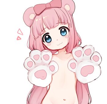 :3 animal_ears animal_hands blue_eyes blush_stickers bow chromu commentary convenient_censoring english_commentary flat_chest gloves hair_bow highres indie_virtual_youtuber loli long_hair looking_at_viewer meemz_a navel nude paw_gloves pink_bow pink_hair simple_background smile stomach upper_body virtual_youtuber white_background