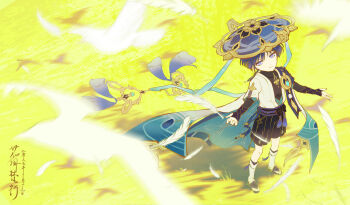 Rule 34 | 1boy, absurdres, anemo symbol (genshin impact), aqua gemstone, armor, belt, black belt, black bodysuit, black bow, black bridal gauntlets, black sandals, black shorts, blue hat, blue kimono, blue sleeves, blunt ends, bodysuit, bow, bridal gauntlets, bridal legwear, cape, chinese text, closed mouth, covered collarbone, curled fingers, eyeliner, eyeshadow, falling feathers, feathers, from above, full body, furisode, gem, genshin impact, gold, hakama, hakama shorts, hat, highres, japanese armor, japanese clothes, jingasa, juban, kimono, kote, kurokote, layered sleeves, leg warmers, looking at viewer, makeup, male focus, mandala, motion blur, open clothes, open hands, open kimono, outdoors, outstretched arms, pleated shorts, pom pom (clothes), purple cape, purple eyes, purple hair, purple rope, purple sash, red eyeliner, red eyeshadow, rope, sandals, sash, scaramouche (genshin impact), shadow, shixinfeng, short sleeves, shorts, smile, solo, split mouth, spread arms, standing, stirrup legwear, tassel, toeless legwear, toes, translation request, tsurime, vision (genshin impact), wanderer (genshin impact), white feathers, white kimono, white leg warmers, white sleeves, wispy bangs, yellow feathers, zouri