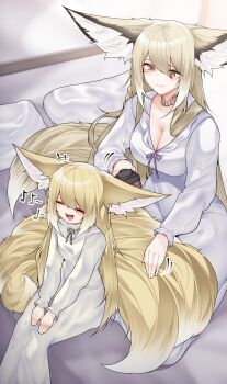 2girls absurdres animal_ear_fluff animal_ears arknights blonde_hair breasts cleavage closed_eyes commentary_request dated_commentary fox_ears fox_girl fox_tail highres large_breasts long_hair mother_and_daughter multiple_girls samip sitting suzuran_(arknights) tail vulpisfoglia_(arknights)