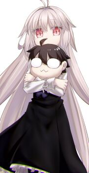 1girl arcueid_brunestud black_skirt breasts eco-arc grey_hair highres long_hair long_sleeves looking_at_viewer red_eyes shirt skirt small_breasts stuffed_toy tohno_shiki tsukihime very_long_hair white_shirt yubeshi_(zecxl)