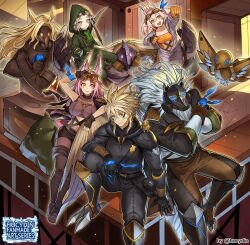 2girls 5boys animal_ears artist_name bird_wings black_bodysuit blonde_hair bodysuit cat_ears cat_girl cat_tail centaur crate crop_top duel_monster everyone furry furry_male gas_mask green_hood half-harpy highres horse_ears hucydin jumpsuit kitt_(yu-gi-oh!) looking_at_viewer mask midriff multiple_boys multiple_girls navel no_mask pink_hair platform single_wing spiked_hair tail taur tri-brigade_ferrijit_the_barren_blossom tri-brigade_fraktall tri-brigade_kerass tri-brigade_kitt tri-brigade_nervall tri-brigade_rugal_the_silver_sheller tri-brigade_shuraig_the_ominous_omen watermark white_fur white_hair wings wolf_boy yellow_eyes yu-gi-oh!