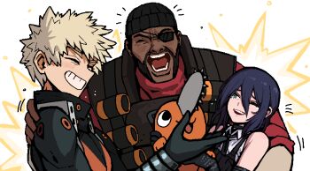 1girl 2boys bakugou_katsuki black_gloves blue_hair boku_no_hero_academia chainsaw_man closed_eyes dark-skinned_male dark_skin demoman_(tf2) explosion eyepatch formicid gloves green_eyes hand_on_another&#039;s_shoulder looking_at_another medical_eyepatch multiple_boys one_eye_closed open_mouth pochita_(chainsaw_man) red_demoman_(tf2) red_shirt reze_(chainsaw_man) shirt smile team_fortress_2 teeth