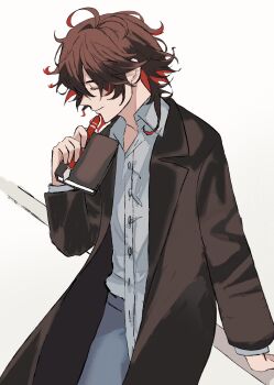 1boy against_railing black_coat black_hair blue_pants book buttons closed_eyes closed_mouth coat collared_shirt dante_alighieri_(fate) dante_alighieri_(over_the_same_sky)_(fate) facing_to_the_side fate/grand_order fate_(series) highres holding holding_book holding_pen kusuri_03 lapels long_sleeves multicolored_hair notched_lapels pants pen railing red_hair shirt short_hair smile solo two-tone_hair untucked_shirt white_shirt