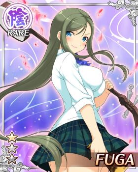 Rule 34 | aura, blue bow, blue bowtie, blue eyes, border, bow, bowtie, breasts, card (medium), carrying over shoulder, character name, closed mouth, english text, from side, fuga (senran kagura), game cg, green hair, green skirt, holding, holding instrument, holding plectrum, instrument, large breasts, long hair, long sleeves, looking at viewer, looking to the side, mole, mole under eye, official alternate costume, official art, parted bangs, plaid clothes, plaid skirt, plectrum, sakigei municipal academy school uniform, school uniform, senran kagura, senran kagura new wave, shamisen, shirt, skirt, smile, treble clef, white shirt