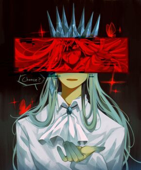 1boy ascot blonde_hair blood blue_crown blue_hair blue_skin censored censored_identity collared_shirt colored_skin commentary crown english_commentary forsaken_(roblox) gradient_hair hand_up highres ice itrapped_(roblox) long_hair long_sleeves male_focus mili_milien multicolored_hair puffy_long_sleeves puffy_sleeves roblox shirt solo sparkle very_long_hair white_ascot white_shirt yellow_skin