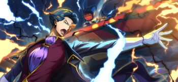 1boy ascot black_jacket black_pants blue_hair closed_mouth code_geass code_geass:_lost_stories commentary_request cyborg dutch_angle f4samurai forehead game_cg gloves highres jacket jeremiah_gottwald male_focus official_art open_clothes open_jacket orange_eyes pants purple_ascot purple_sleeves raglan_sleeves red_shirt shirt short_hair simple_background solo v-shaped_eyebrows white_gloves