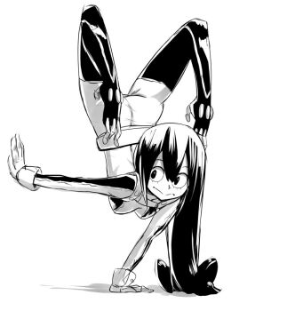1girl artist_request ass asui_tsuyu big_mouth bodysuit boku_no_hero_academia handstand monochrome simple_background skin_tight source_request strong tagme white_background