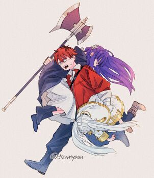 1boy 2girls axe battle_axe black_boots black_pants black_pantyhose boots brown_boots brown_hair capelet carrying carrying_over_shoulder carrying_person carrying_under_arm commentary_request dress fern_(sousou_no_frieren) frieren grey_hair half_updo highres holding holding_axe jacket long_dress long_hair multicolored_hair multiple_girls onka_(aun_ka28) open_mouth pants pantyhose purple_eyes purple_hair red_hair red_jacket skirt sousou_no_frieren stark_(sousou_no_frieren) sweat twintails twitter_username two-tone_hair weapon white_capelet white_dress white_skirt