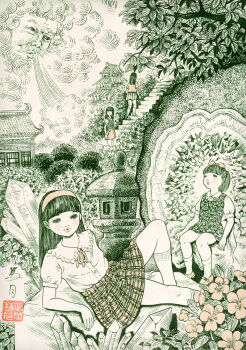 1boy 4girls beard black_dress black_hair black_vest blowing blush bow building cloud crystal dress facial_hair floral_print flower fractal_underground_studio fuujin_(mythology) garden hair_bow hairband long_hair looking_at_viewer looking_up lying mary_janes multiple_girls neck_ribbon old old_man original plaid_clothes plaid_skirt plaid_vest print_dress puffy_sleeves red_bow red_flower red_ribbon red_shirt red_shoes red_skirt ribbon rock shirt shoes short_hair short_sleeves sitting skirt sleeveless sleeveless_dress socks stairs standing tower traditional_media tree vest walking white_shirt white_skirt white_socks wind