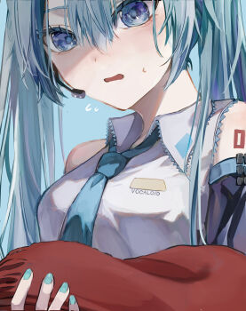 1girl absurdres bare_shoulders bibiyakooo10532 black_sleeves blue_eyes blue_hair blue_nails collared_shirt detached_sleeves hatsune_miku highres long_hair microphone necktie number_tattoo open_mouth red_scarf scarf shirt tattoo twintails very_long_hair vocaloid white_shirt