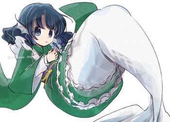 1girl artist_name black_eyes black_hair blue_gemstone fins fish_tail gem green_kimono head_fins japanese_clothes kimono looking_at_viewer mermaid monster_girl obi print_kimono purple_sash sash seigaiha simple_background solo tail tama_(hiroshige_36) touhou wakasagihime white_background