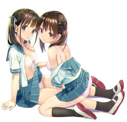 Rule 34 | 2girls, ass, black socks, blue eyes, blue ribbon, blue sailor collar, blue skirt, bow, bow bra, bra, breasts, brown hair, clothes lift, clothes pull, commentary request, from side, full body, hair ribbon, hand up, kneehighs, kneeling, koutaro, lifting another&#039;s clothes, long hair, multiple girls, navel, open clothes, open shirt, original, panties, pink bra, pink panties, red eyes, ribbon, ribbon-trimmed bra, sailor collar, school uniform, serafuku, shirt pull, shoes, short sleeves, side ponytail, simple background, sitting, skirt, skirt lift, socks, summer uniform, twintails, underwear, uwabaki, white background, white bra, white footwear, white panties, yuri