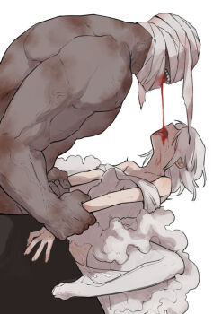 1boy 1girl bandaged_head bandages bayonet_(flt906) bleeding blood blood_from_mouth clothed_sex commentary_request dress drinking_blood grabbing_another&#039;s_arm adashino_adami hetero homicipher missionary mr._machete muscular muscular_male open_mouth pussy_juice sex sharp_teeth short_hair simple_background skirt teeth thighhighs tongue tongue_out topless_male vaginal veins white_background white_dress white_hair white_thighhighs