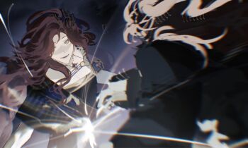 2girls black_dress blurry blurry_foreground dark_background dress facing_another facing_away fighting green_eyes hair_ornament highres jewelry long_hair multiple_girls open_mouth orange_hair pendant red_hair reverse:1999 single_bare_shoulder sonetto_(reverse:1999) sophia_(manus_vindictae)_(reverse:1999) sophia_(reverse:1999) upper_body wilson_(wilson1151487)