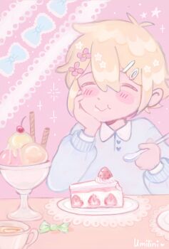 1boy absurdres alternate_costume basil_(faraway)_(omori) basil_(omori) blonde_hair blush cake cake_slice candy closed_eyes closed_mouth cup double-parted_bangs flower food hair_between_eyes hair_flower hair_ornament hairclip hand_on_own_cheek hand_on_own_face highres holding holding_spoon long_sleeves male_focus omori plate short_hair sidelocks smile solo spoon tea teacup umilini2