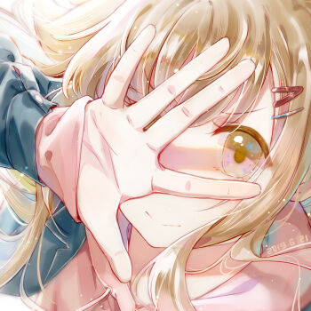 1girl black_jacket blonde_hair brown_eyes buji close-up closed_mouth commentary_request dated drawstring hair_ornament hairclip hand_over_eye highres hood hoodie jacket light_particles long_hair long_sleeves looking_at_viewer open_clothes open_jacket original pink_hoodie portrait solo