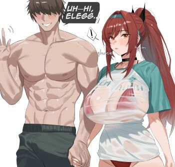 ! 1boy 1girl absurdres bikini black_choker blush breasts brown_hair choker commander_(nikke) english_text goddess_of_victory:_nikke green_swim_trunks hair_over_eyes highres holding_hands large_breasts long_hair muscular muscular_male rapi_(nikke) rapi_(red_hood)_(nikke) rapi_(red_hood)_(red_flavor)_(nikke) red_bikini red_eyes red_hair see-through_clothes see-through_shirt shirt smile spoken_exclamation_mark standing swimsuit twentytwo_(twenty_zwei) variant_set waving wet wet_clothes wet_shirt white_background white_shirt