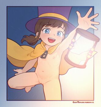 1girl a_hat_in_time arm_up armpits blue_eyes border brown_hair cape casytay cleft_of_venus commentary fanbox_username flat_chest hat hat_kid highres hourglass leg_up loli looking_at_viewer medium_hair naked_cape navel nipples open_mouth outside_border outstretched_arm paid_reward_available purple_hat pussy smile solo tareme top_hat watermark web_address yellow_cape