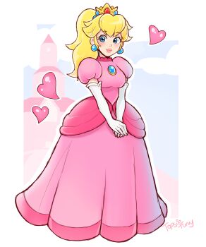 1girl absurdres artist_name blonde_hair blue_eyes blush breasts castle closed_mouth commission commissioner_upload crown dress earrings elbow_gloves full_body gloves heart highres jewelry long_dress long_hair looking_at_viewer mario_(series) medium_breasts nintendo non-web_source pink_dress pink_lips ponytail princess_peach princess_peach's_castle puffy_short_sleeves puffy_sleeves short_sleeves smile solo sphere_earrings topsieturvy white_gloves