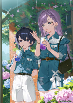 2boys :o absurdres ahoge bag belt black_hair blunt_bangs bow bow_earrings bracelet clock_over_orquesta copyright_name cup disposable_cup drinking earrings flower grey_eyes hair_between_eyes highres holding hydrangea jewelry kan'yu_(citron_82) long_hair looking_to_the_side multiple_boys parted_lips purple_hair purple_nails rain short_hair short_shorts shorts shoulder_bag sparkle standing tenma_rikka tokito_reiji trap very_long_hair
