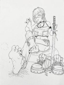 1girl barefoot chang_a_chang_a_chang crossed_legs feet glasses highres katana long_hair looking_at_viewer monochrome original shoes single_sock socks soles steam sweat sword toes unworn_shoes unworn_socks weapon