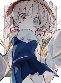 1girl absurdres blonde_hair blue_skirt blue_vest brown_hat closed_mouth cowboy_shot frog_hat hat highres long_hair looking_at_viewer moriya_suwako shirt sidelocks skirt sleeves_past_fingers sleeves_past_wrists smile solo soresaki touhou vest white_shirt wide_sleeves yellow_eyes