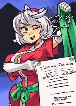 1girl ahoge blue_eyes bob_cut breasts choker cleavage commentary dress elphelt_valentine english_commentary gloves green_ribbon green_trim guilty_gear guilty_gear_strive hairband highres holding holding_paper huge_ahoge large_breasts mistletoe moxydraws one_eye_closed open_mouth paper red_choker red_hairband ribbon santa_costume santa_dress short_hair smile solo spiked_hairband spikes white_gloves white_hair