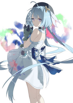 1girl absurdres ahoge bare_shoulders beret blue_hair character_doll chinese_commentary commentary doll dress flower from_side griseo griseo_(starry_impression) hair_flower hair_ornament hat highres holding holding_doll honkai_(series) honkai_impact_3rd kosma long_hair looking_at_viewer paint_on_clothes purple_eyes qtian simple_background solo very_long_hair white_background white_dress