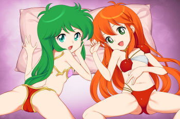 2girls arm_up armor ass ayanokouji_rem bikini bikini_armor breasts butt_crack cameltoe caron_(rall) commentary_request commission commissioner_upload covered_erect_nipples crossover dream_hunter_rem fugetsu_taku green_eyes green_hair hand_on_own_stomach long_hair looking_at_viewer looking_back lying multiple_girls navel on_back on_stomach open_mouth orange_hair pillow pink_bikini red_bikini sf_choujigen_densetsu_rall skeb_commission small_breasts smile spread_legs stomach swimsuit thighs trait_connection