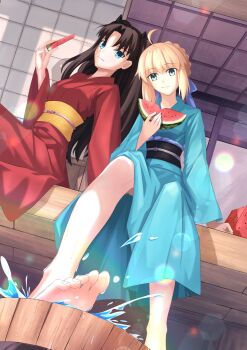 2girls ahoge andychen662000 artoria_pendragon_(fate) barefoot blonde_hair blue_bow blue_eyes bow braid brown_hair bun_with_braided_base fate/stay_night fate_(series) food fruit green_eyes hair_bow hair_bun highres holding holding_food holding_fruit holding_watermelon japanese_clothes multiple_girls outdoors saber_(fate) sidelocks splashing takeuchi_takashi_(style) tohsaka_rin water watermelon