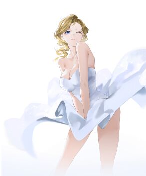 1girl absurdres azur_lane blonde_hair blue_eyes breasts cleavage collarbone dress hair_over_shoulder highres hood_(azur_lane) large_breasts looking_at_viewer marilyn_monroe one_eye_closed scarfpen01 sleeveless sleeveless_dress strapless strapless_dress textless_version the_seven-year_itch white_background white_dress wind wind_lift