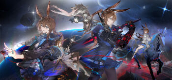 Rule 34 | 1girl, absurdres, amiya (arknights), animal ear fluff, animal ears, arknights, armor, ascot, bare legs, black jacket, black pantyhose, blue eyes, blue skirt, brown hair, brown pantyhose, chinese commentary, commentary request, hair between eyes, highres, holding, holding staff, holding sword, holding weapon, horseback riding, jacket, jewelry, kuchu yuei, long hair, multiple rings, open clothes, open jacket, pantyhose, pauldrons, planet, ponytail, rabbit ears, rabbit girl, riding, ring, shirt, shoulder armor, single pauldron, skirt, space, staff, sword, twintails, weapon, white ascot, white shirt